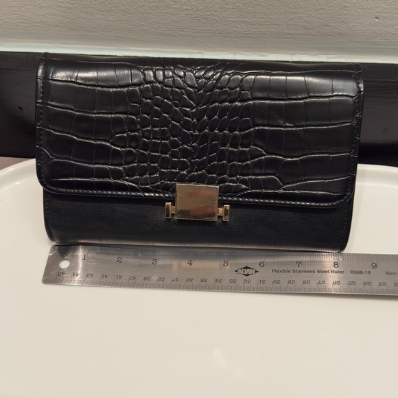 Mistique Black and Gold Fo-Croc-Embossed Wallet Clutch with Chain Detail - Picture 7 of 8